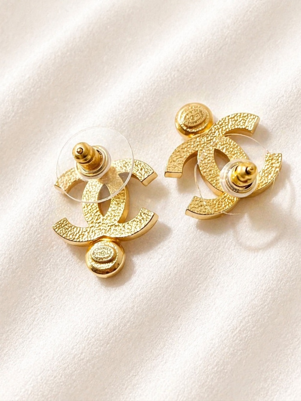 CHANEL Gold Crystal CC Logo Stud Earrings Rhinestone Dangle Classic - Picture 4 of 4